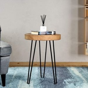 Rustic Old Elm Wood Round End Table With 3-Leg Metal Stand